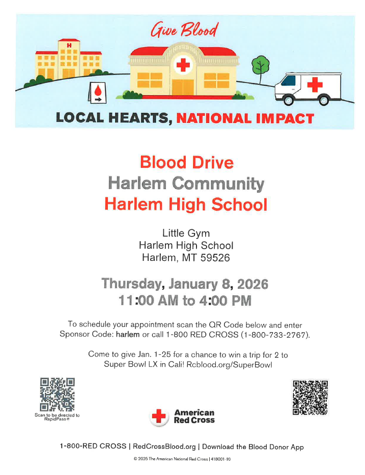 blood drive at the harlem hgih school little gym January 8, 2026