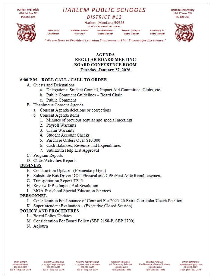 updated agenda for board meeting on January 27, 2026 at 6 pm