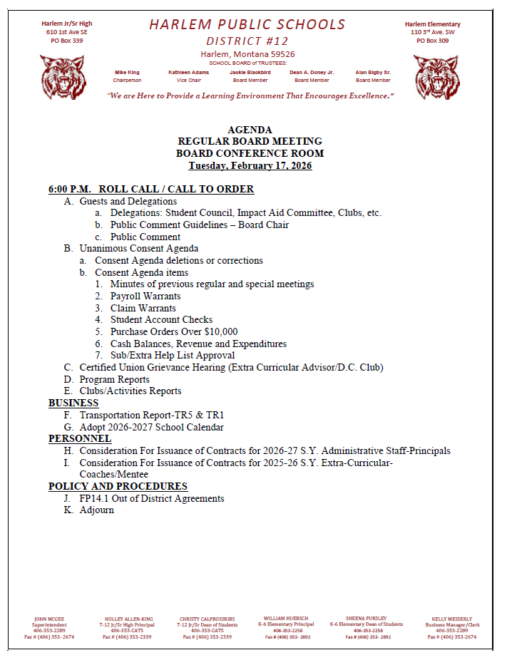 regular board agenda for February 17, 2026