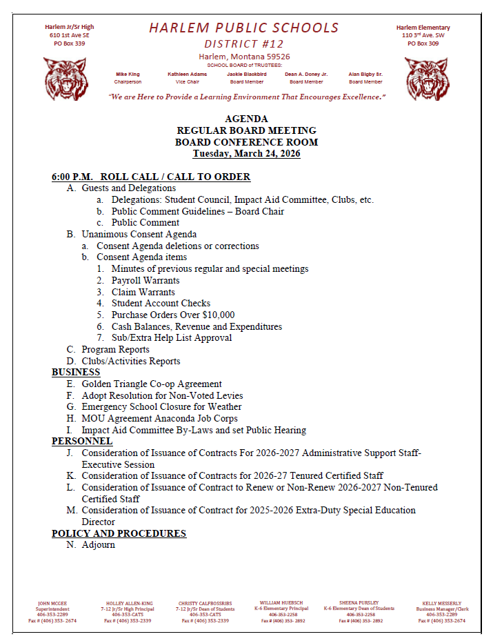 board agenda for March 24, 2026