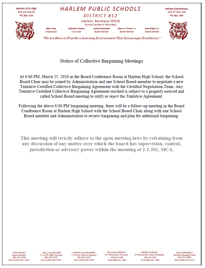 Notice of collective bargaining meeting on March 25, 2026 at 6 pm