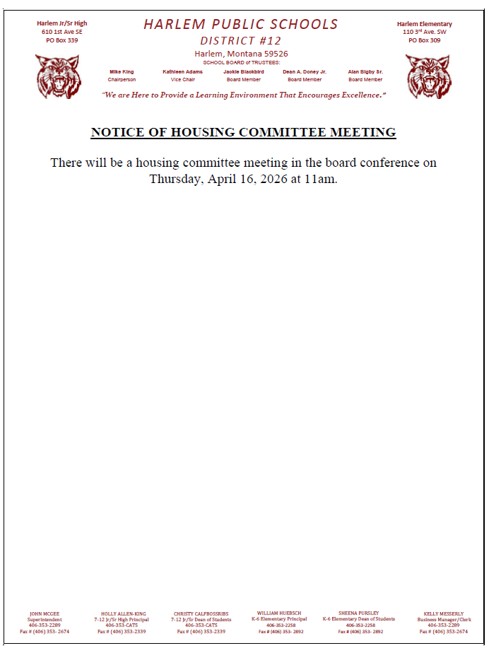 notice of housing committee meeting April 16, 2026