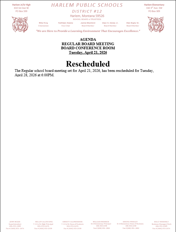 Notice to Reschedule Regular Board Meeting