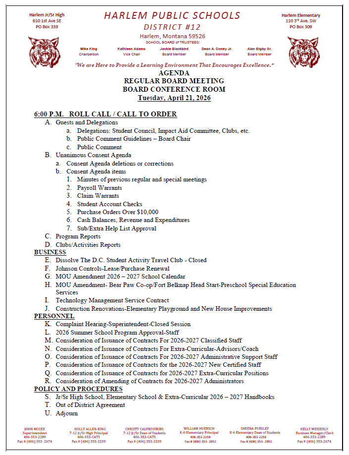 regular agenda for April 28, 2026