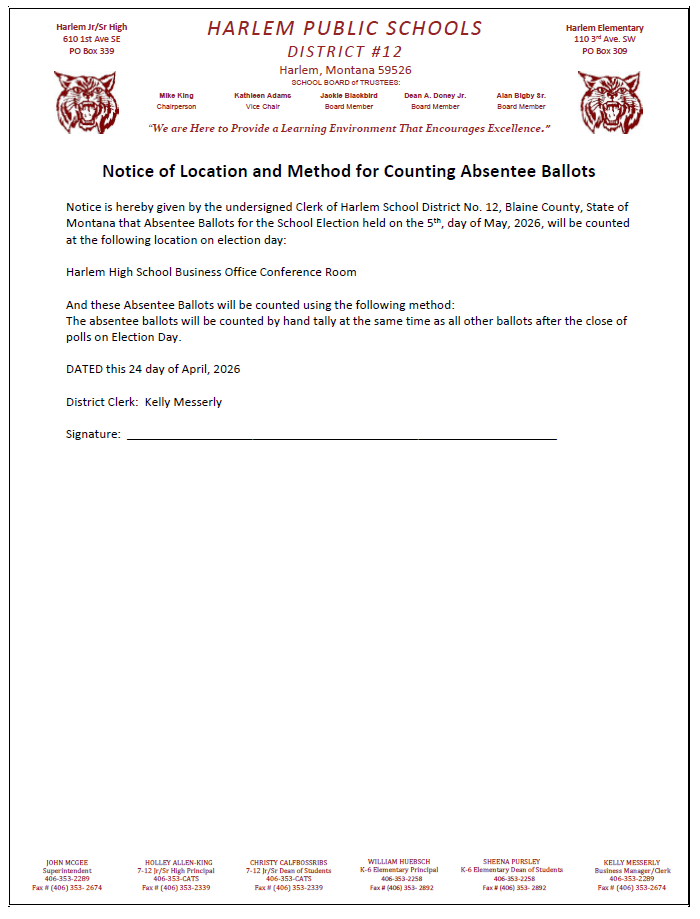 notice of location and method for counting absentee ballots April 24, 2026