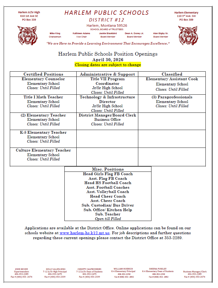 harlem public school job postings for April 30, 2026