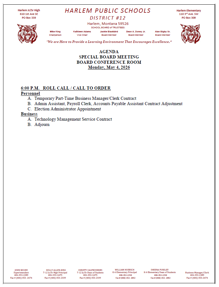 agenda for special board meeting May 4, 2026