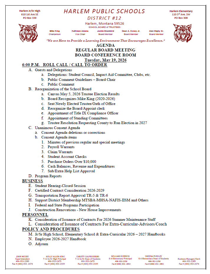 regular board agenda for May 19, 2026