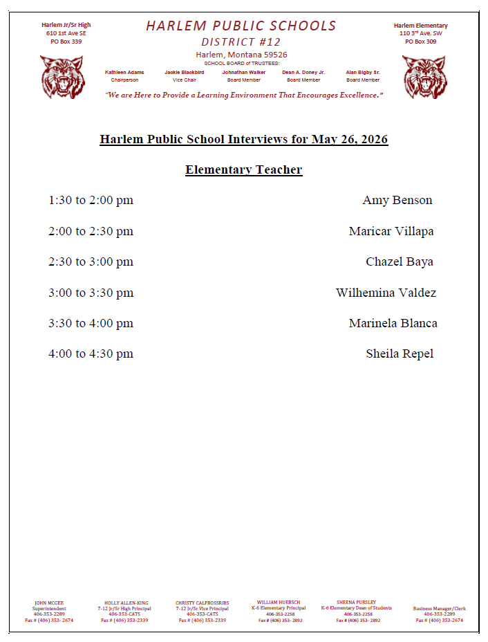 harlem public school interviews for May 26, 2026.