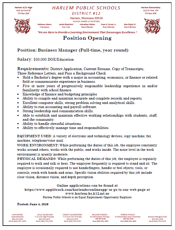 position opening for business manager June 4, 2026