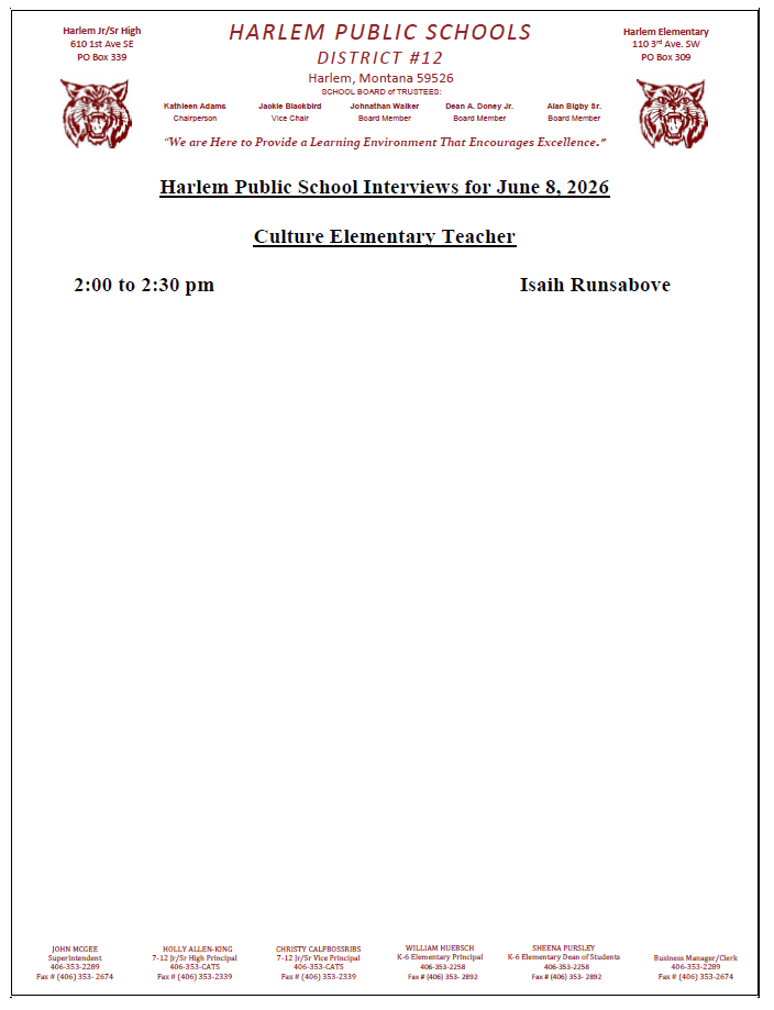 Harlem Public School interviews for June 8, 2026