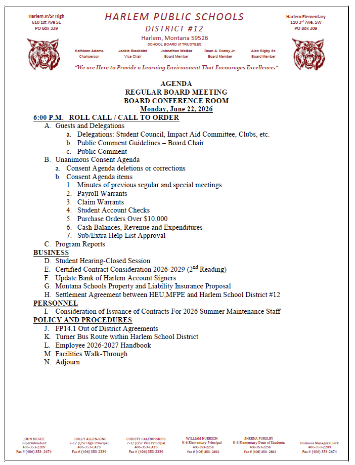 Regular agenda for board meeting June 22, 2026