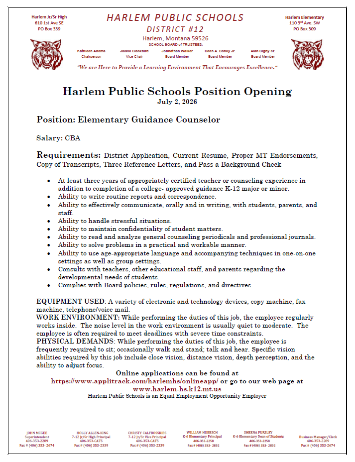 Elementary counselor position opening July 2, 2026