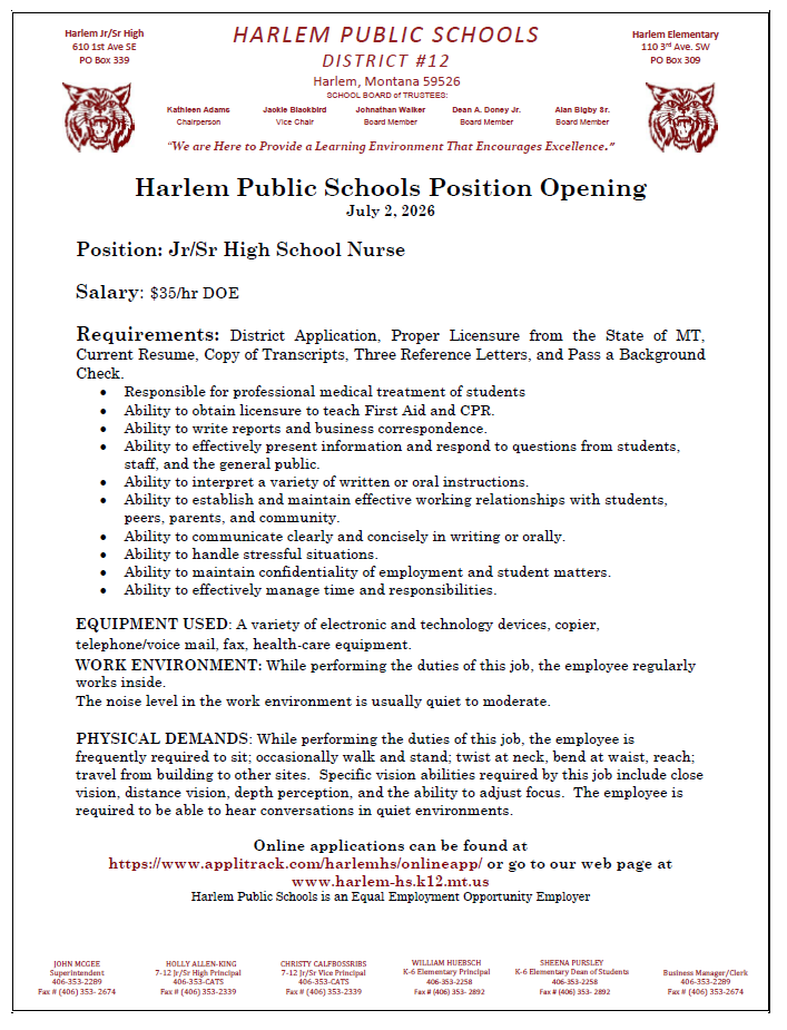 Jr/Sr high school nursing position opening July 2, 2026