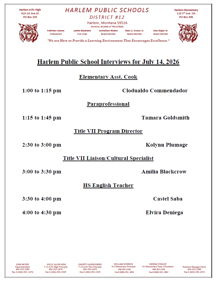 Harlem school interviews July 14, 2026
