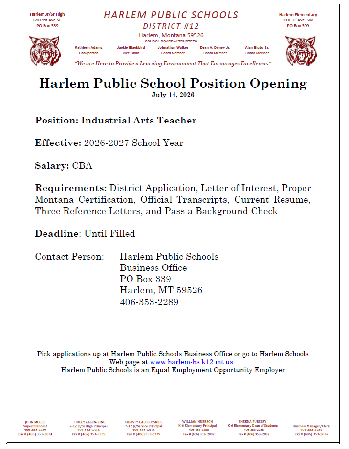 position opening for Industrial Arts Teacher July  14, 2026