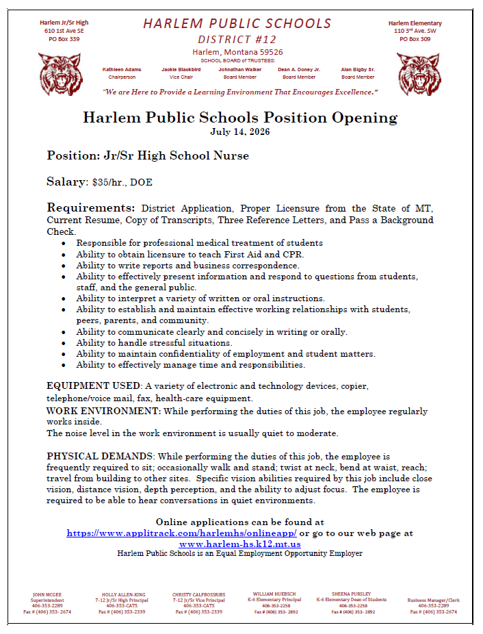 Harlem public school position openings Jr/Sr high school nurse July 14, 2026