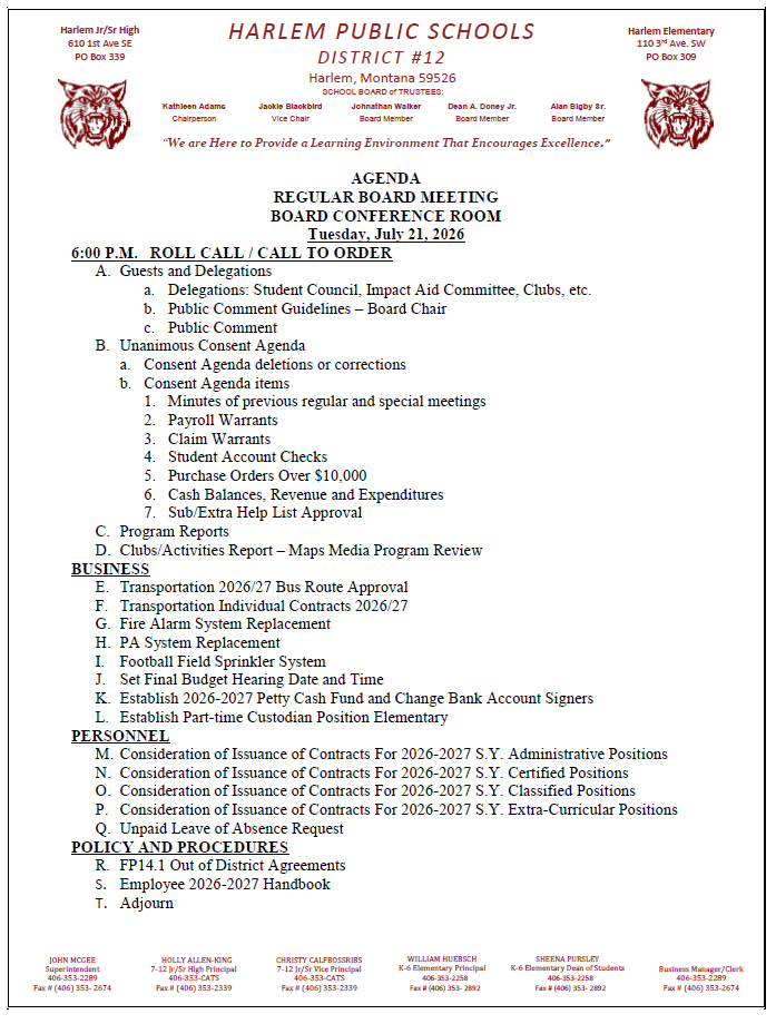 regular board meeting agenda for July 21, 2026 at 6pm 