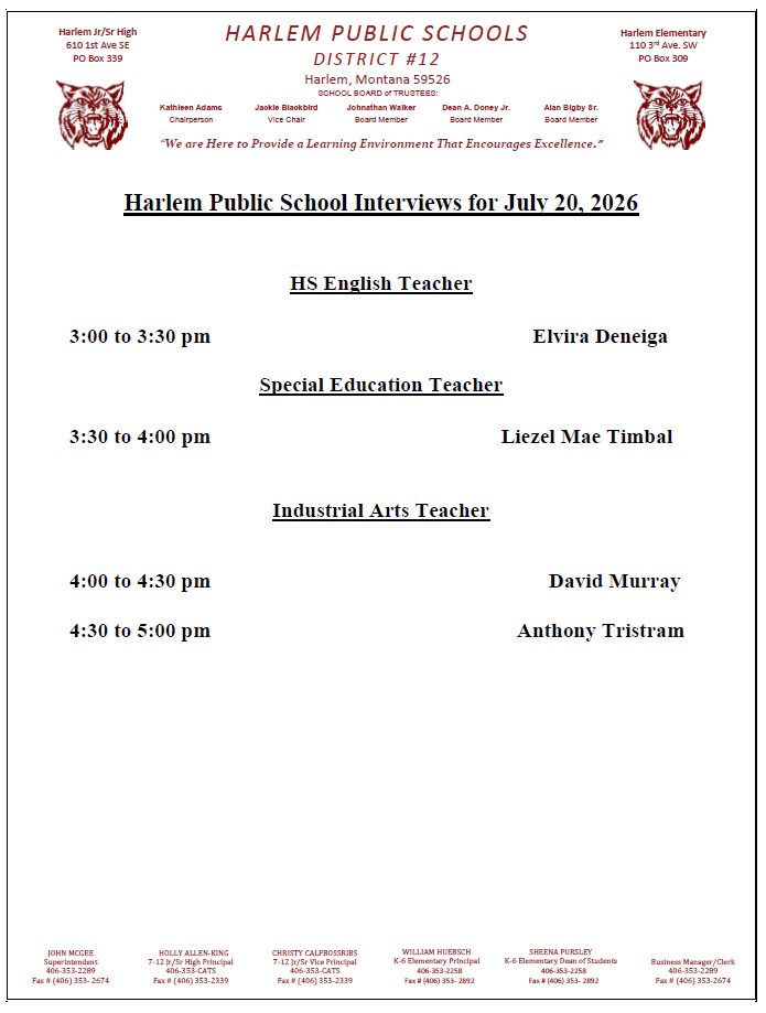 Harlem public school interviews for July 20, 2026