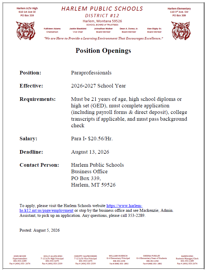 paraprofessional positions open August 5, 2026