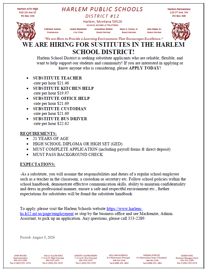 Substitute positions available august 5, 2026