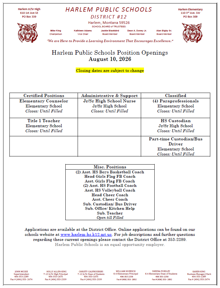 harlem public school position openings August 10, 2026