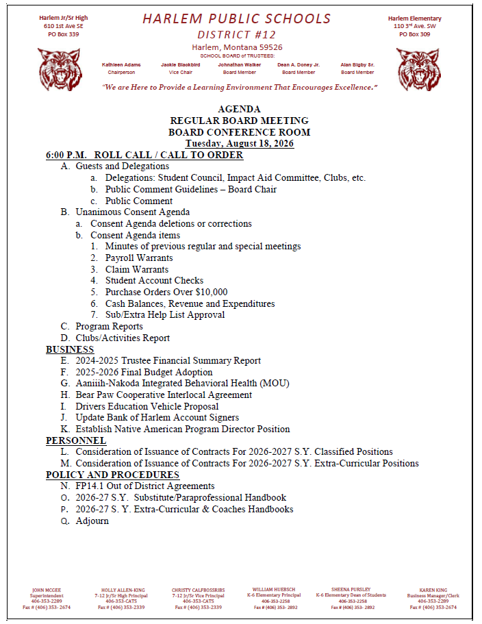 regular board agenda for August 18, 2026