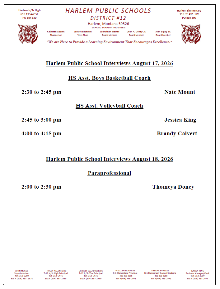 harlem public school interviews for August 17 & 18, 2026