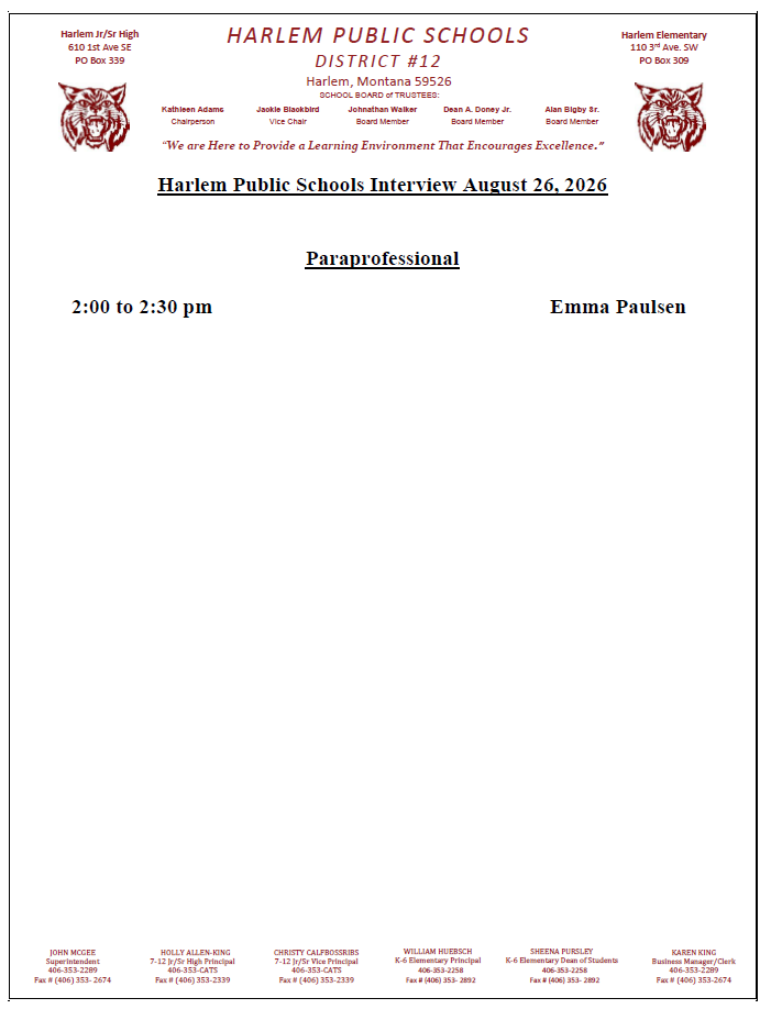 Harlem Public School interviews for August 26, 2026