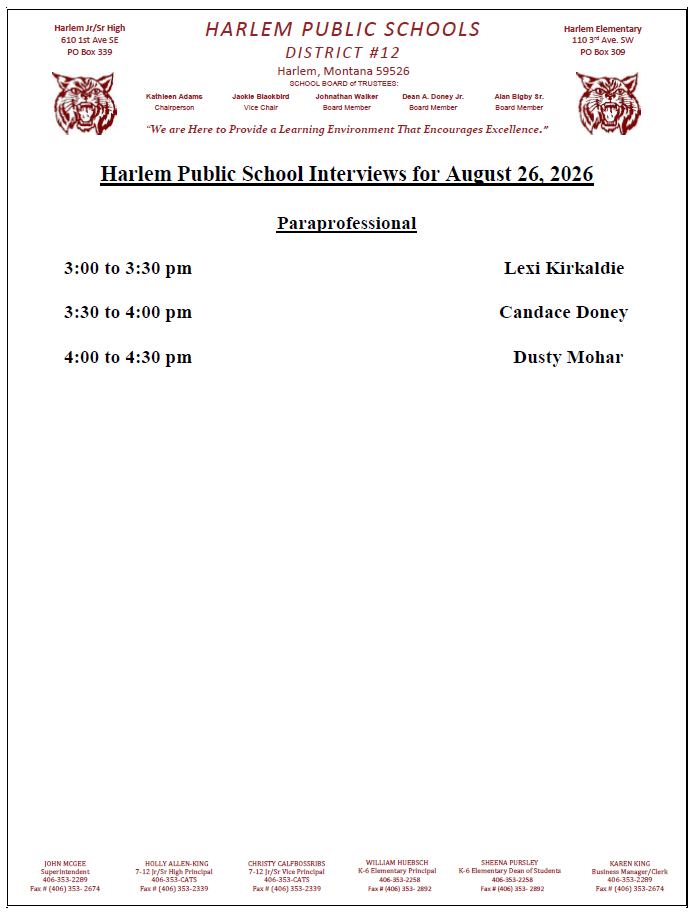 Harlem Public School interviews for August 26, 2026