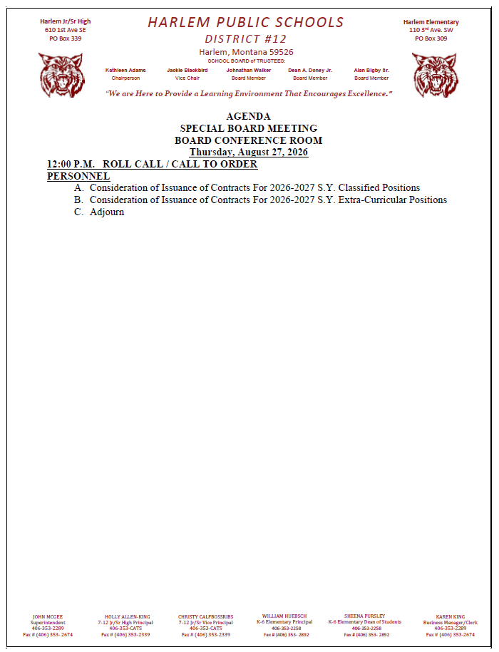 Special board agenda for August 27, 2026