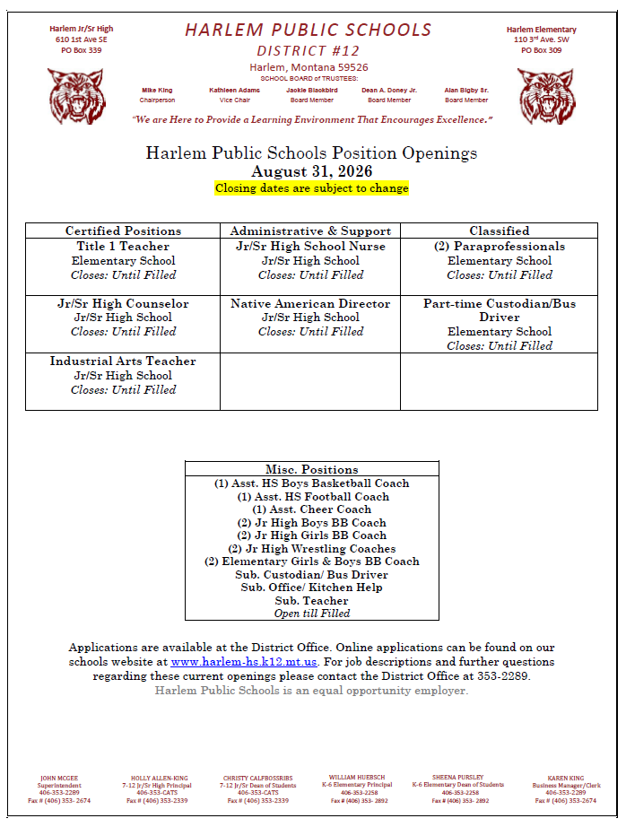 Harlem public school position openings august 31, 2026