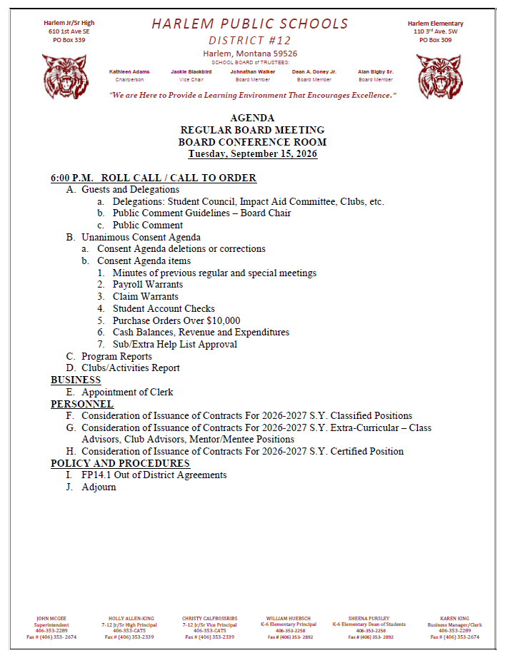 regular agenda for September 15, 2026