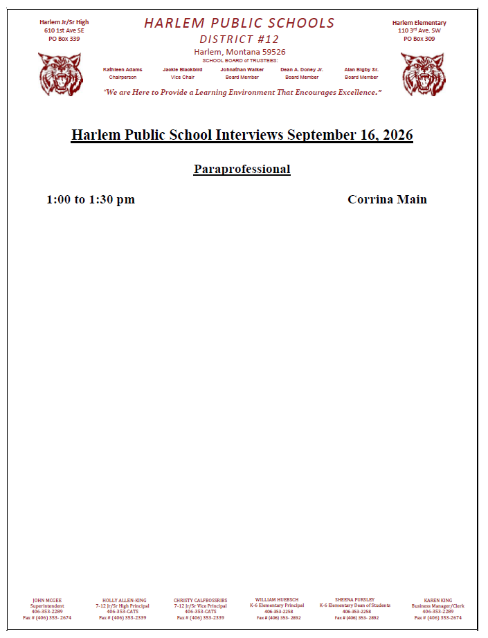 Harlem Public School interviews for September 16,, 2026