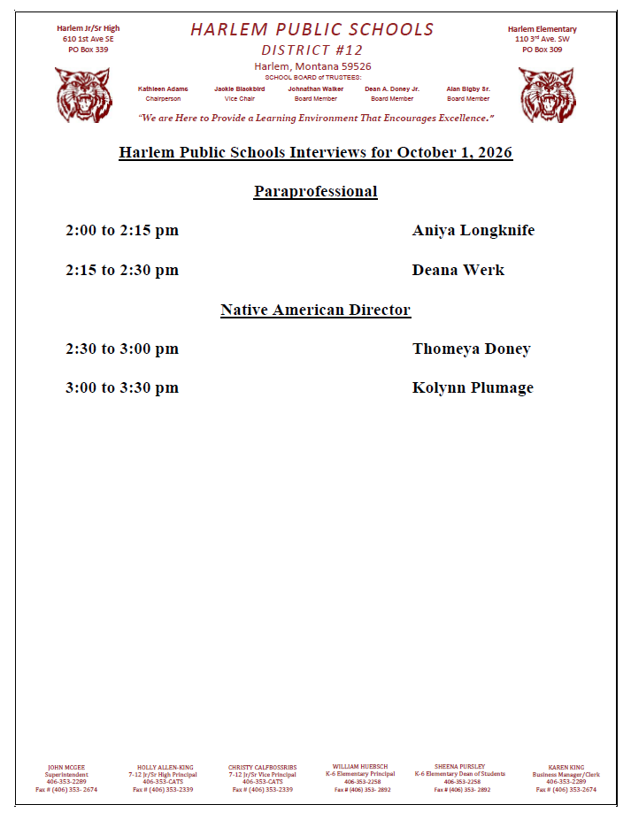 Harlem public school interviews for October 1, 2026