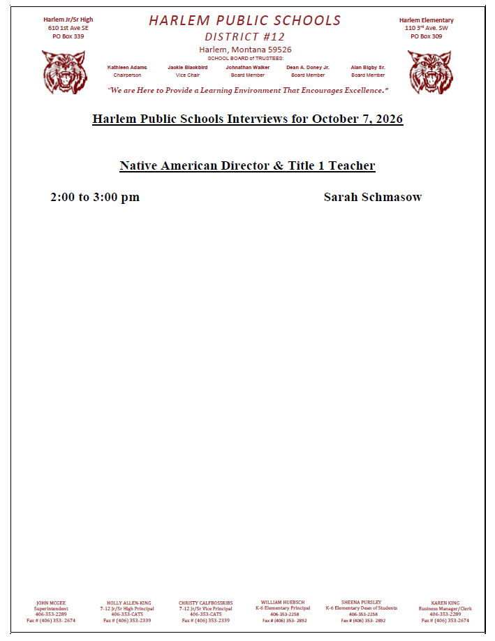 Harlem Public Schools interviews October 7, 2026
