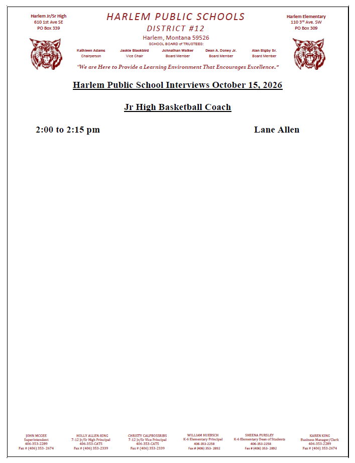 Harlem Public School interviews for October 15, 2026
