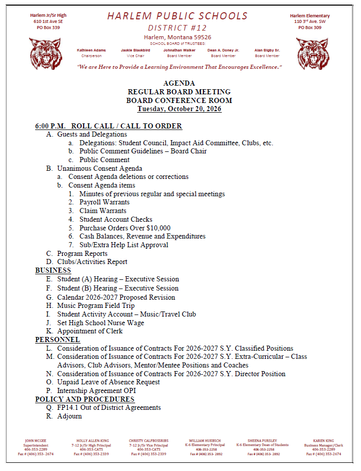 Regular agenda for October 20, 2026