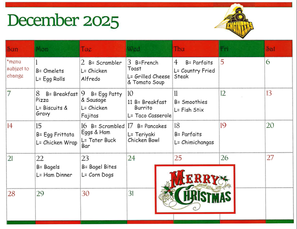 December Lunch Calendar