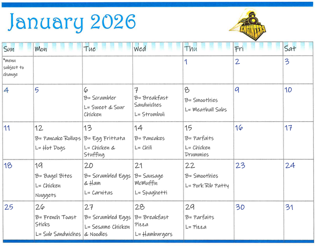 January Lunch Calendar