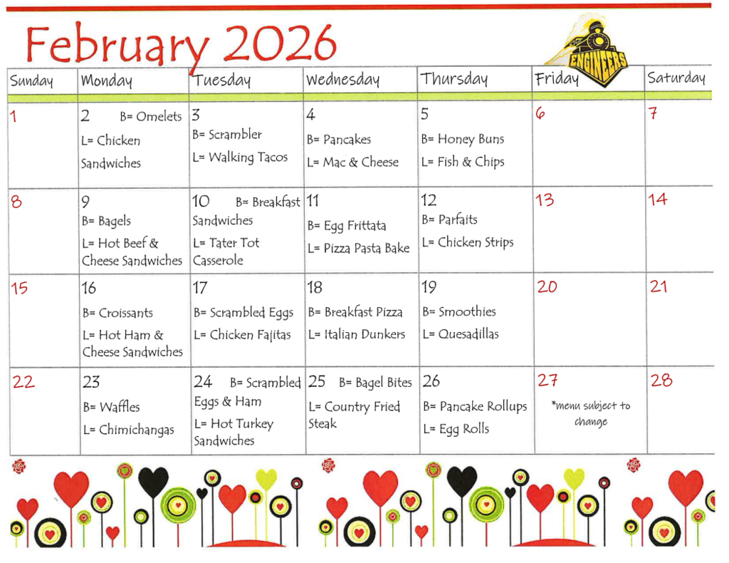 February Lunch and Breakfast Calendar