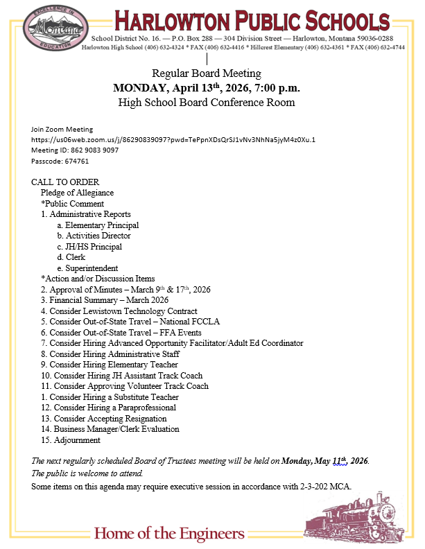 Board Agenda April 13th, 2026
