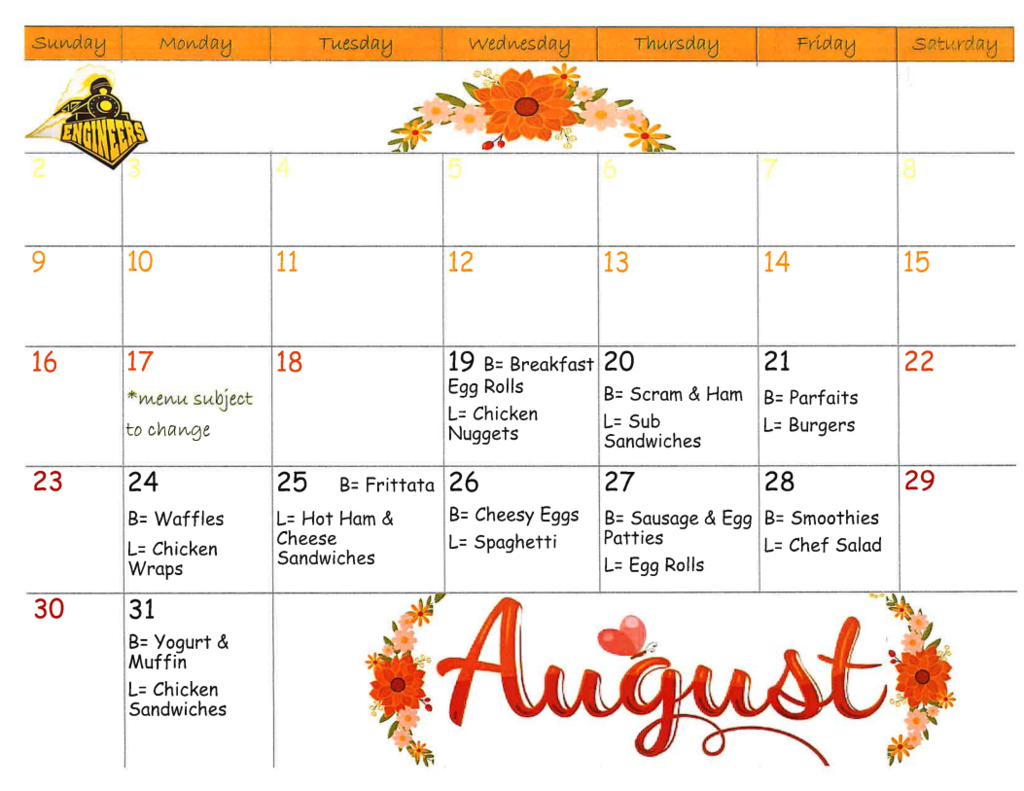 August Lunch Calendar
