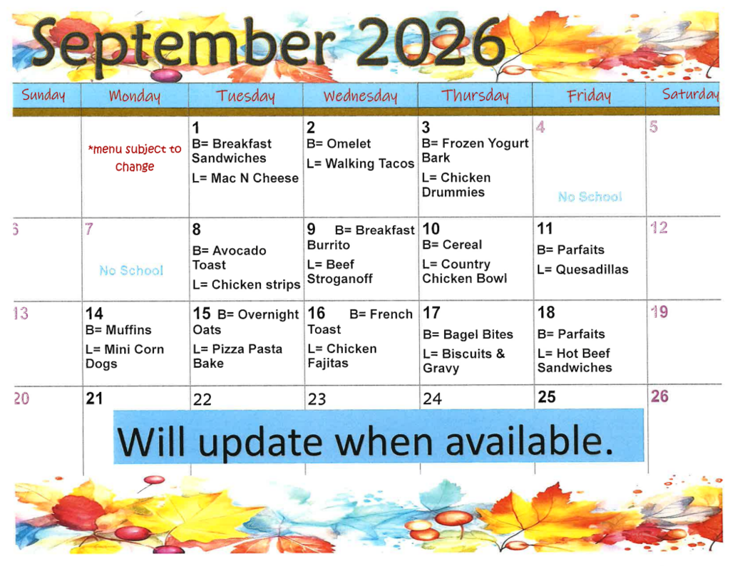 September Lunch Calendar