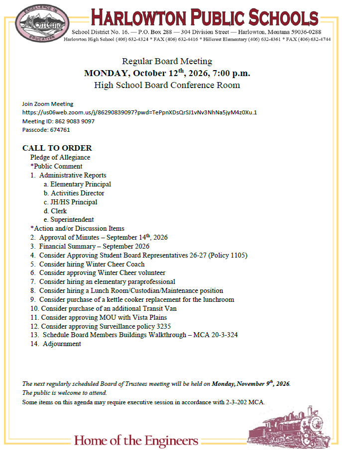 Board agenda 10/12/26