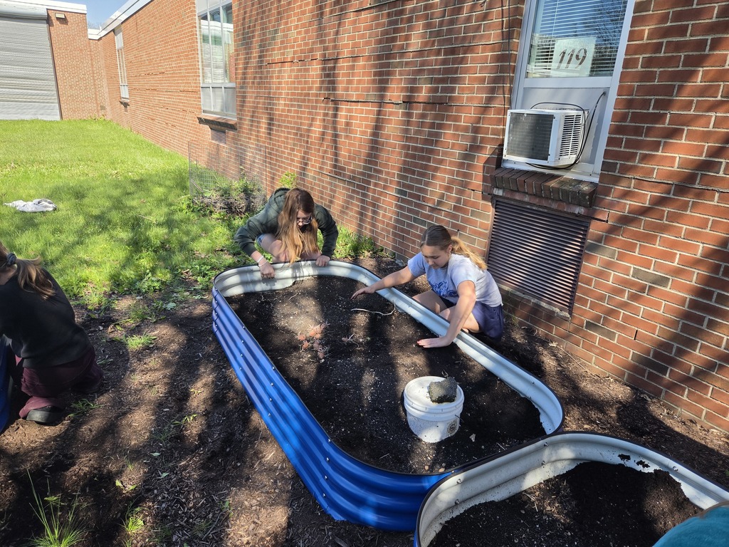 The 6th grade science/social studies class spent some time weeding, moving mulch and planting the garden beds.