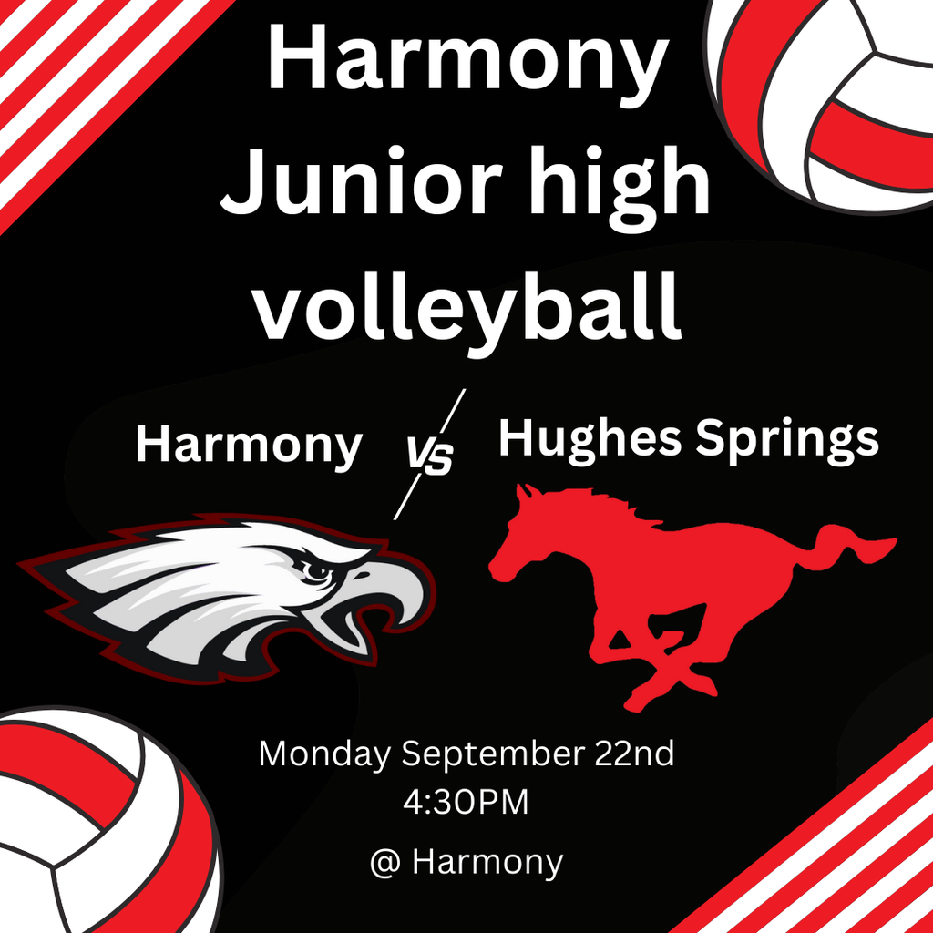 JH Volleyball Harmony vs Hughes Springs with logos