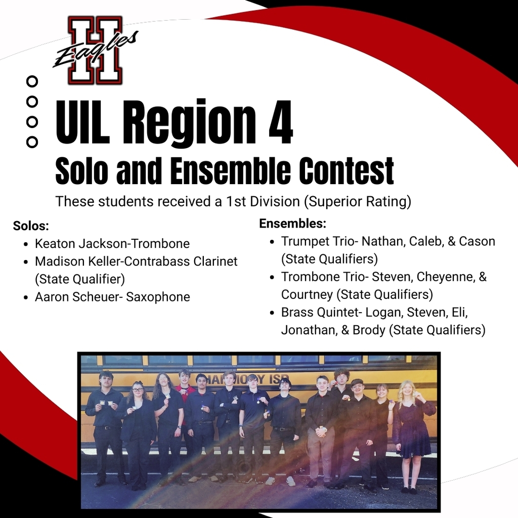 Band solo and ensemble results- Solos: Keaton Jackson-Trombone Madison Keller-Contrabass Clarinet (State Qualifier) Aaron Scheuer- Saxophone  Ensembles: Trumpet Trio- Nathan, Caleb, & Cason (State Qualifiers) Trombone Trio- Steven, Cheyenne, & Courtney (State Qualifiers) Brass Quintet- Logan, Steven, Eli, Jonathan, & Brody (State Qualifiers)
