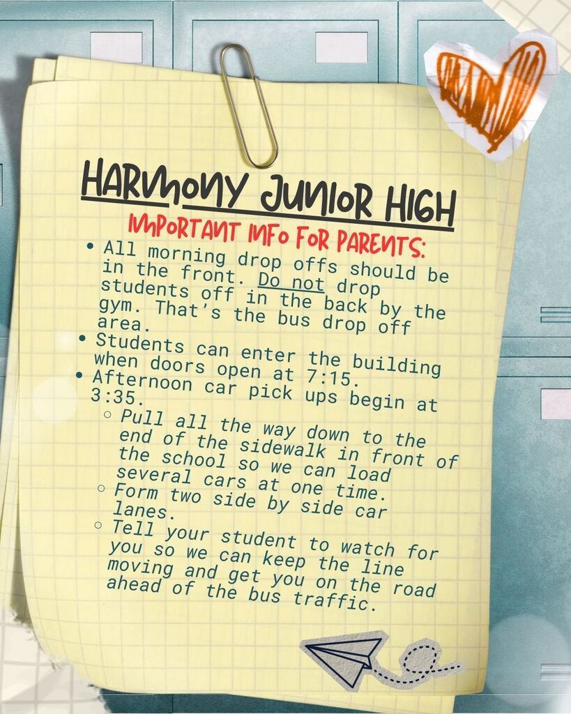 Helpful info for Junior High parents regarding arrival and dismissal. We've had a great day so far!