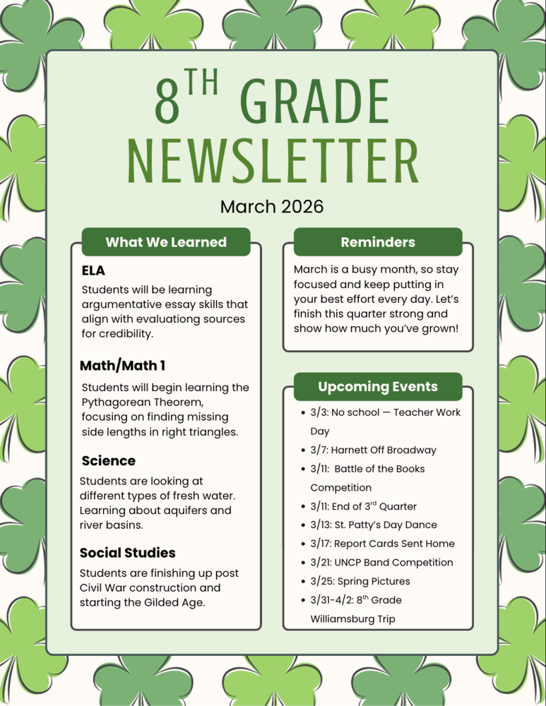 March 8th Grade Parent Newsletter - Link to letter in body of post